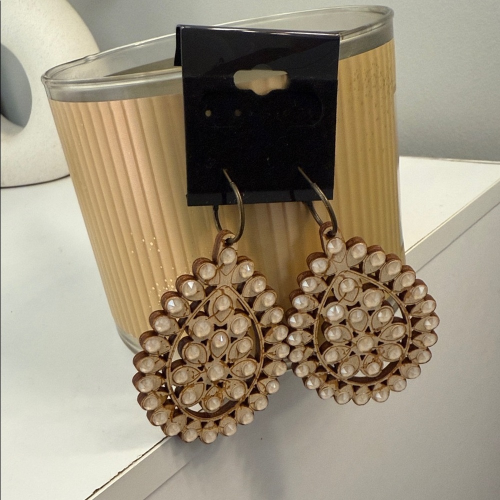 Elegant Gold and Cream Gem Faux Lightweight Wooden Teardrop Earrings